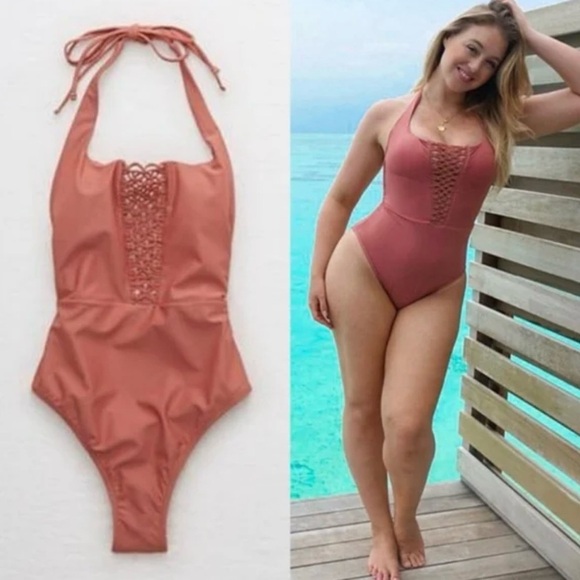 Aerie Brown One-Piece Halter Swimsuit with Lattice Detail - Picture 5 of 10